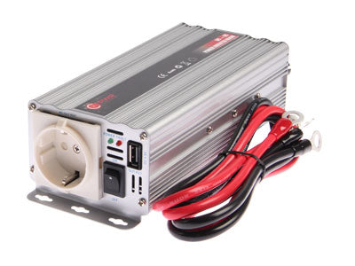 600W 230VAC/12V C-PWR auto invertors, Izejas jauda 600 W, 1x230V AC-ligzda, 5V - 2A usb-izeja, kabeļi w. skavas. Izejas jaudas pārspriegums 1500W, bezslodzes strāva <0.6A, 1.0kg, 215x91x63mm