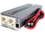 1500W 230VAC/12V C-PWR automaatne inverter, 1500 W väljund, 5 x 35A DC sisendkaitsmed, 2x230V AC pistikupesad, 1 m (4AWG) kaablid klemmidega. Väljundvõimsus 3000W, tühikäiguvool <1,6A, 3,0kg, 372x134x77mm.