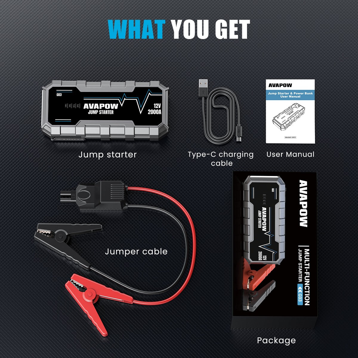 AVAPOW G03 automašīnas akumulatora palaišanas ierīce 2000 A, 12 000 mAh, ar QC 3.0 USB izeju un LED lukturi, melna