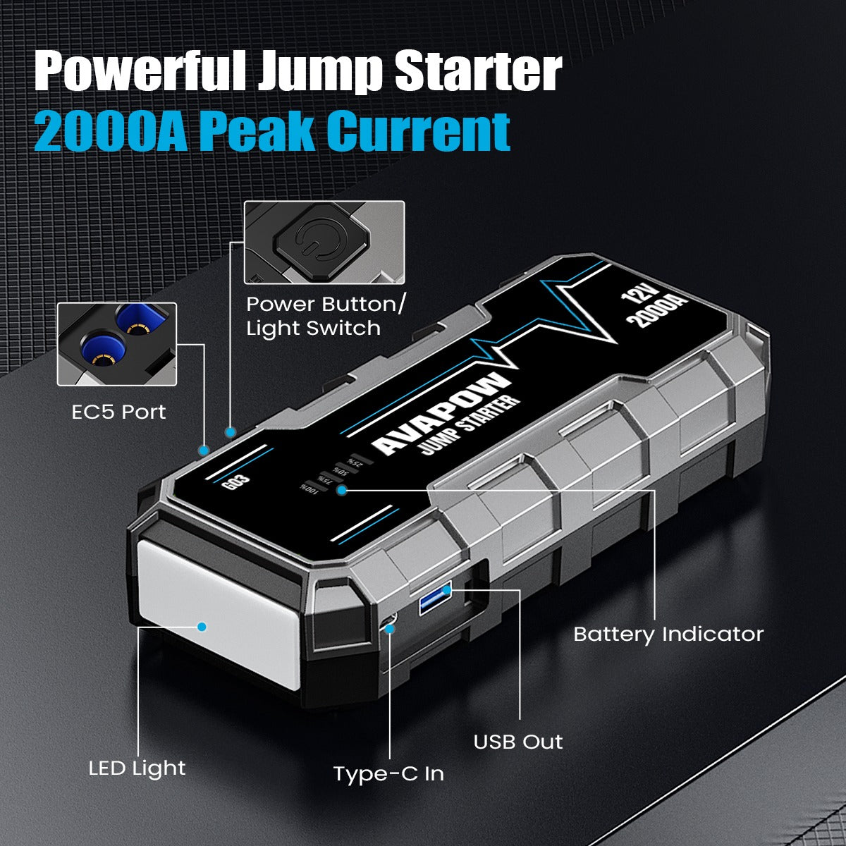 AVAPOW G03 automašīnas akumulatora palaišanas ierīce 2000 A, 12 000 mAh, ar QC 3.0 USB izeju un LED lukturi, melna