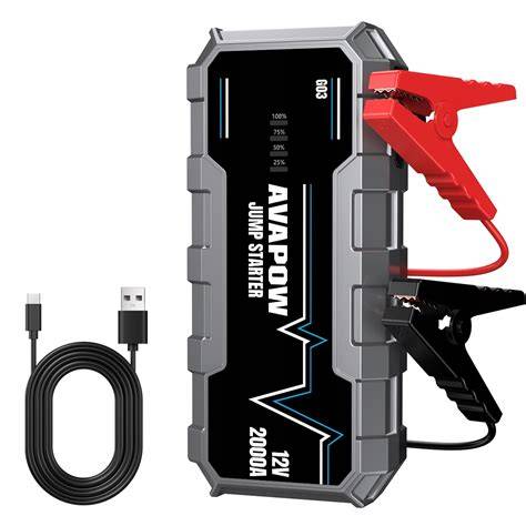 AVAPOW G03 automašīnas akumulatora palaišanas ierīce 2000 A, 12 000 mAh, ar QC 3.0 USB izeju un LED lukturi, melna