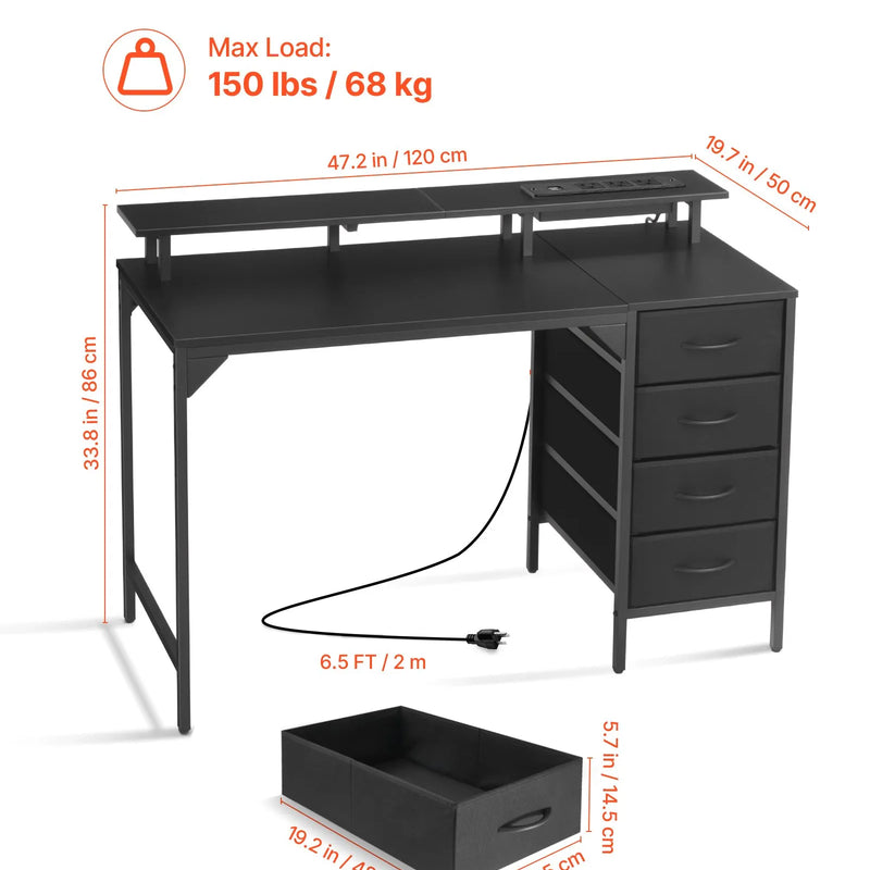 VEVOR datorgalds ar viedo LED apgaismojumu un kontaktligzdām, 120 cm, 4 lielas atvilktnes, monitora statīvs, melns