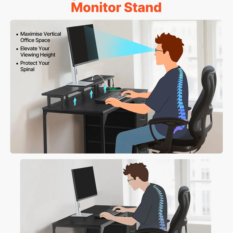 VEVOR datorgalds ar viedo LED apgaismojumu un kontaktligzdām, 120 cm, 4 lielas atvilktnes, monitora statīvs, melns