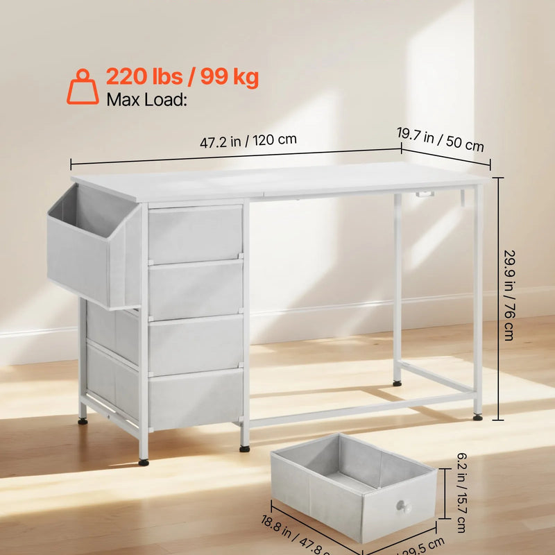 VEVOR datorgalds ar auduma atvilktnēm, 120 cm, maināms izvietojums, metāla rāmis, balts