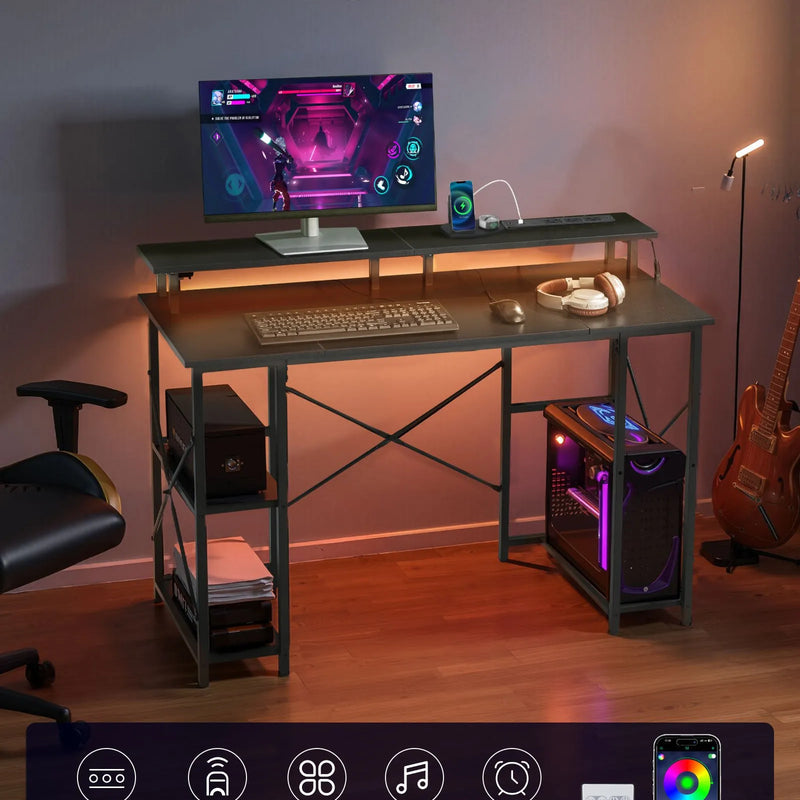 VEVOR datorgalds ar viedo LED apgaismojumu un kontaktligzdām, 120 cm, maināms izvietojums, monitora statīvs un 2 līmeņu plaukti, melns