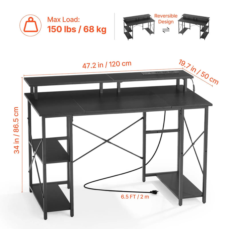 VEVOR datorgalds ar viedo LED apgaismojumu un kontaktligzdām, 120 cm, maināms izvietojums, monitora statīvs un 2 līmeņu plaukti, melns