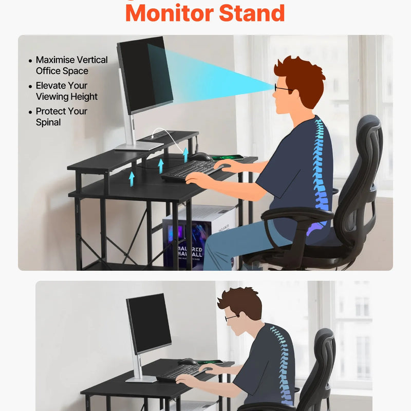 VEVOR datorgalds ar viedo LED apgaismojumu un kontaktligzdām, 120 cm, maināms izvietojums, monitora statīvs un 2 līmeņu plaukti, melns
