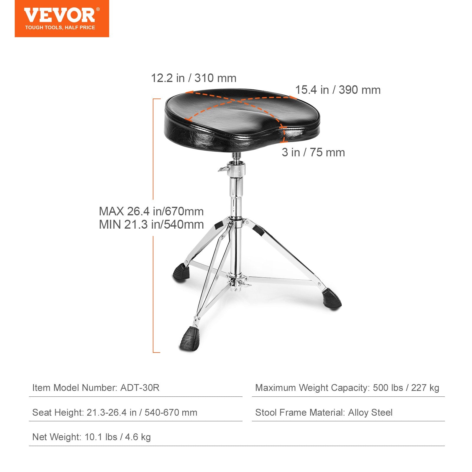 VEVOR bungu krēsls, augstums regulējams 540–670 mm, polsterēts sēdeklis ar neslīdošām kājām, 360° grozāms, līdz 227 kg slodze, ar 5A vālītēm