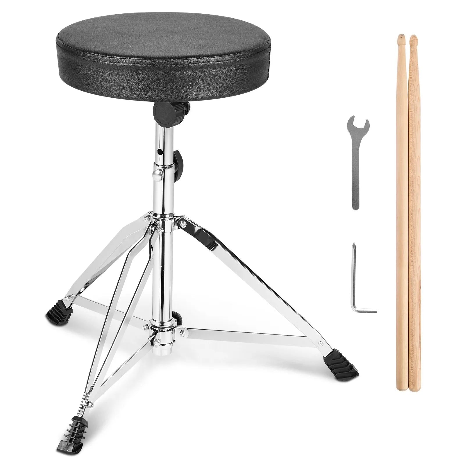 VEVOR regulējams bungu krēsls ar 490–585 mm augstumu, polsterētu sēdvirsmu, neslīdošām kājām, 5A bungu vicinātājiem un 150 kg slodzes kapacitāti; 360° rotējošs modelis bundziniekiem