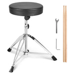 VEVOR regulējams bungu krēsls ar 490–585 mm augstumu, polsterētu sēdvirsmu, neslīdošām kājām, 5A bungu vicinātājiem un 150 kg slodzes kapacitāti; 360° rotējošs modelis bundziniekiem