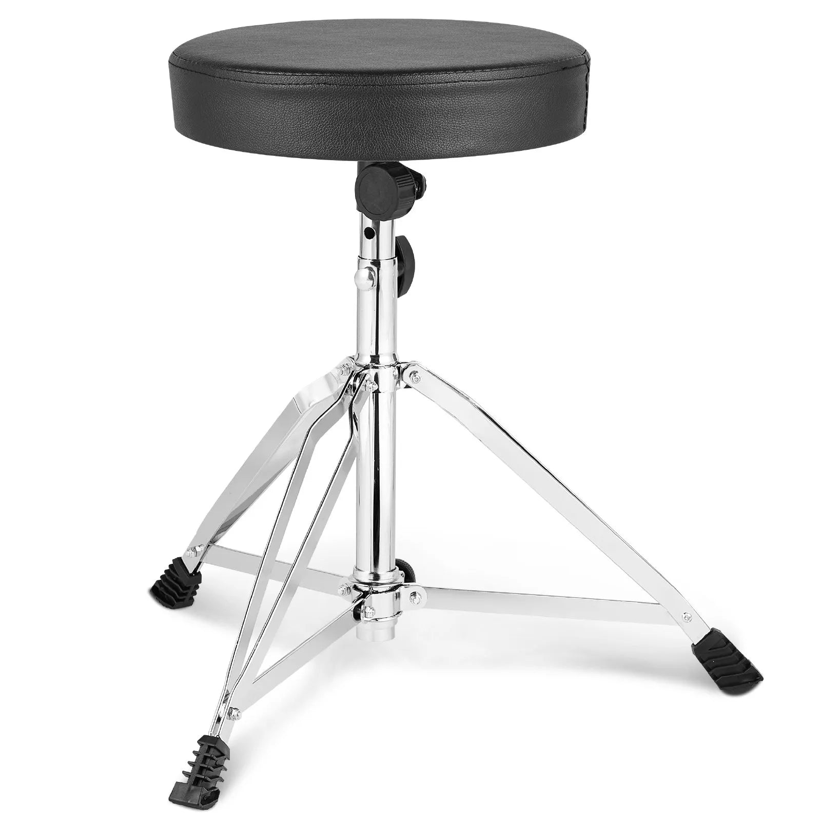 VEVOR regulējams bungu krēsls ar 490–585 mm augstumu, polsterētu sēdvirsmu, neslīdošām kājām, 5A bungu vicinātājiem un 150 kg slodzes kapacitāti; 360° rotējošs modelis bundziniekiem