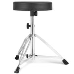 VEVOR regulējams bungu krēsls ar 490–585 mm augstumu, polsterētu sēdvirsmu, neslīdošām kājām, 5A bungu vicinātājiem un 150 kg slodzes kapacitāti; 360° rotējošs modelis bundziniekiem