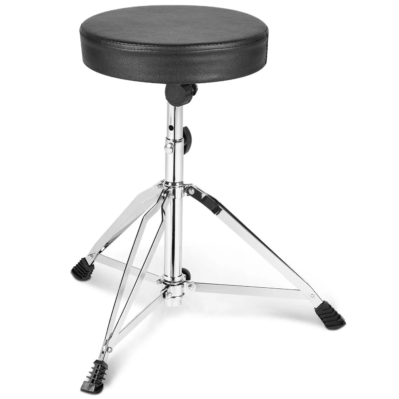 VEVOR regulējams bungu krēsls ar 490–585 mm augstumu, polsterētu sēdvirsmu, neslīdošām kājām, 5A bungu vicinātājiem un 150 kg slodzes kapacitāti; 360° rotējošs modelis bundziniekiem