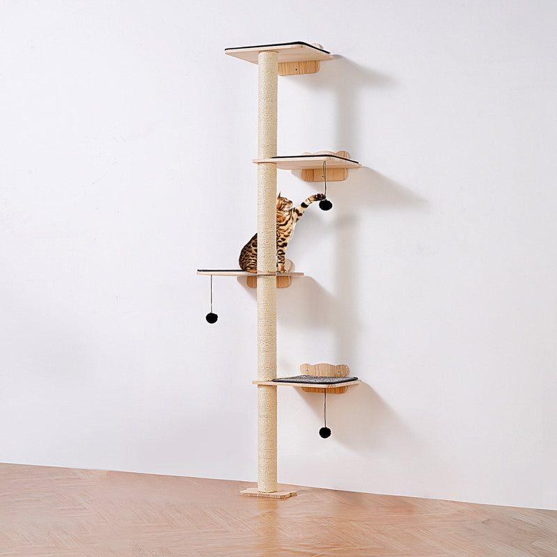 VEVOR sienas kaķu mēbeļu komplekts ar 4 līmeņu plauktiem un kāpšanas platformām, līdz 18 kg nestspēja, 12 mm priedes koka plaukts gulēšanai, rotaļām un kāpšanai
