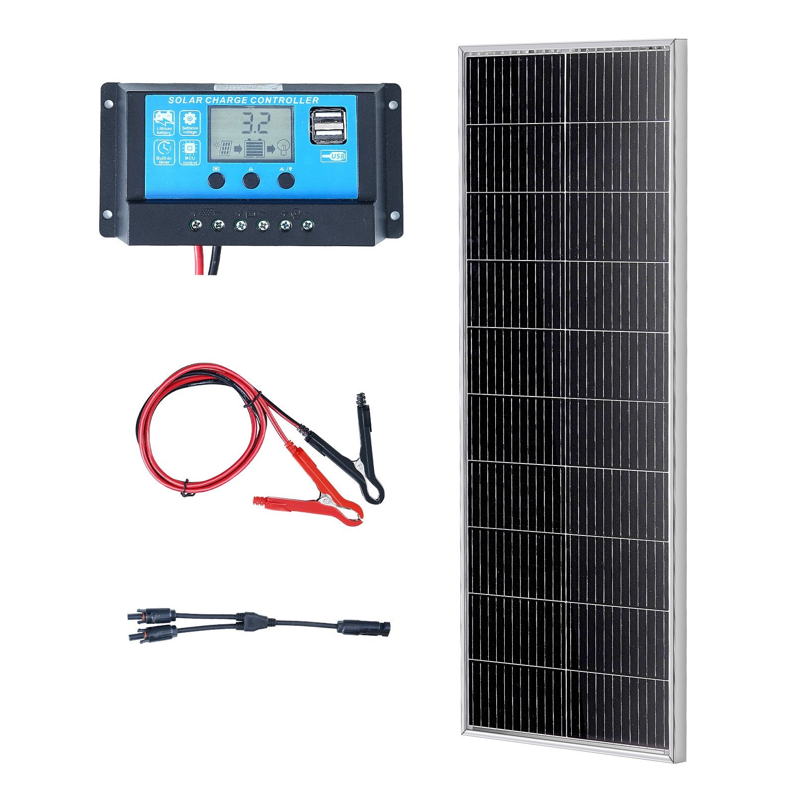 Available in 10 days! VEVOR 100W Monocrystalline Solar Panel Kit 12V Solar Panels and Charge Controller