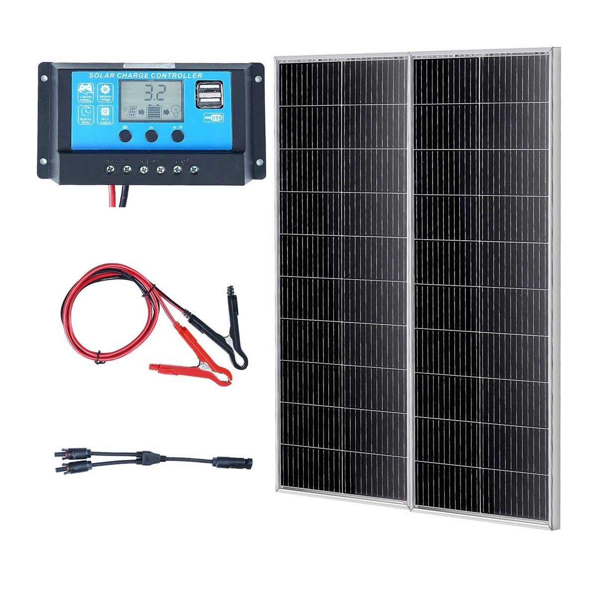 VEVOR 200W 12V monokristālisko saules paneļu komplekts  2 gab. ar lādētāja kontrolieri
