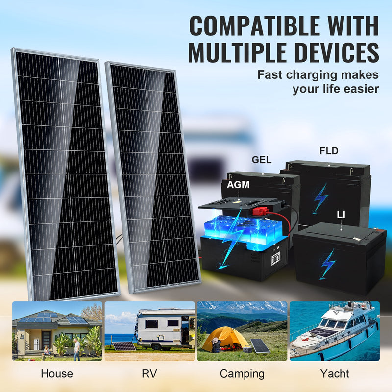 Available within 10 days!VEVOR 200W Monocrystalline Solar Panel Set 2 Pcs. Solar Panels and Charger Controller