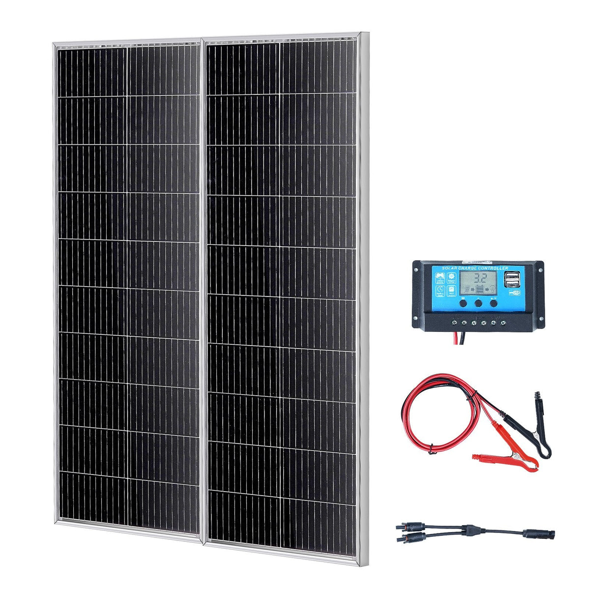 VEVOR 200W 12V monokristālisko saules paneļu komplekts  2 gab. ar lādētāja kontrolieri