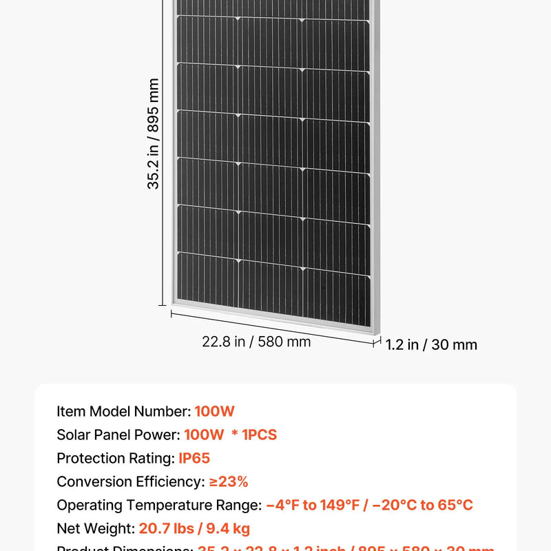 VEVOR 100 W monokristālisks saules panelis, 23 % augstas efektivitātes PV modulis ar stabilu MC4 pieslēgumu, alumīnija rāmis un IP65 aizsardzība, piemērots automobiļiem, laivām, kemperiem, plakaniem jumtiem un autonomām sistēmām