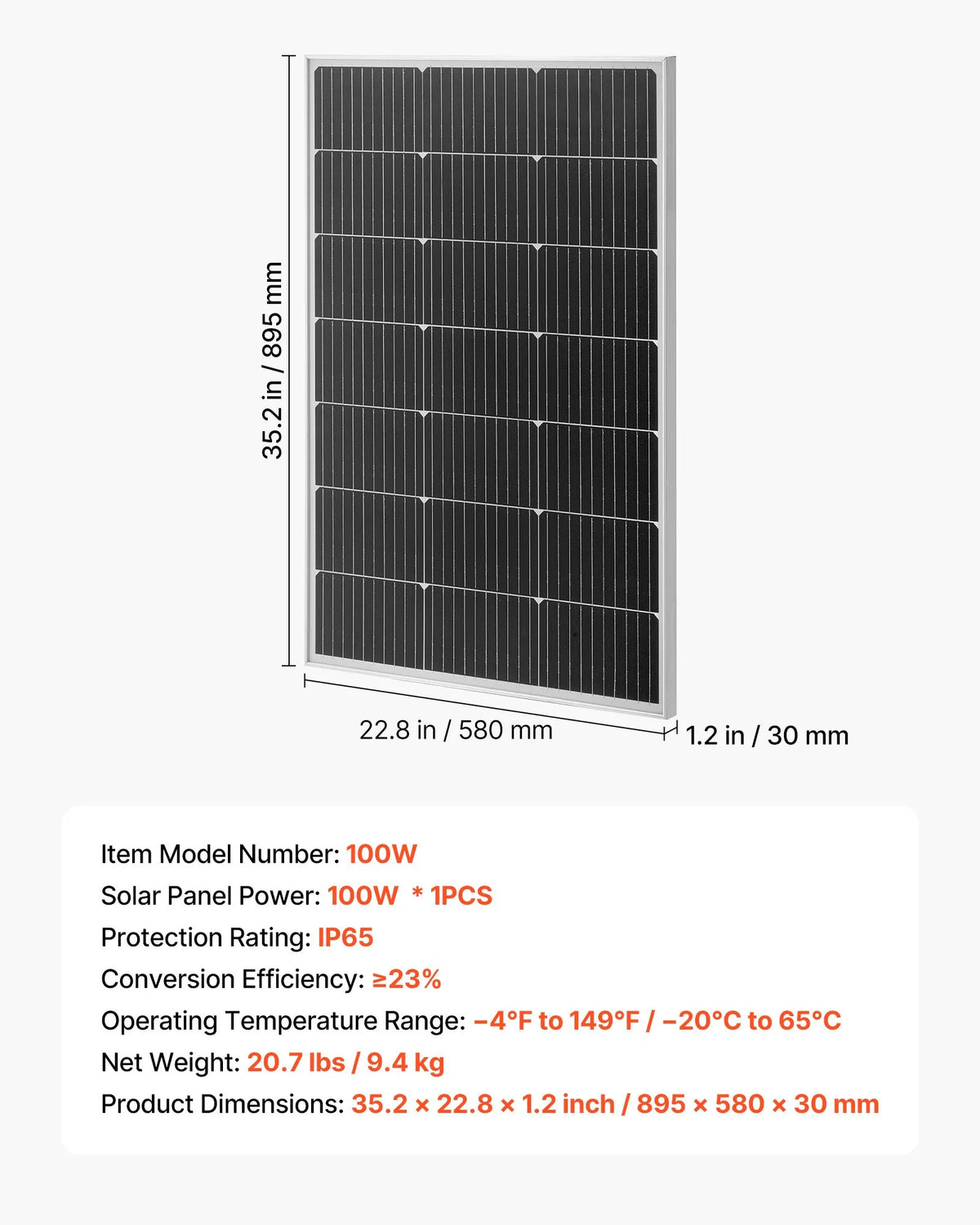 VEVOR 100 W monokristālisks saules panelis, 23 % augstas efektivitātes PV modulis ar stabilu MC4 pieslēgumu, alumīnija rāmis un IP65 aizsardzība, piemērots automobiļiem, laivām, kemperiem, plakaniem jumtiem un autonomām sistēmām