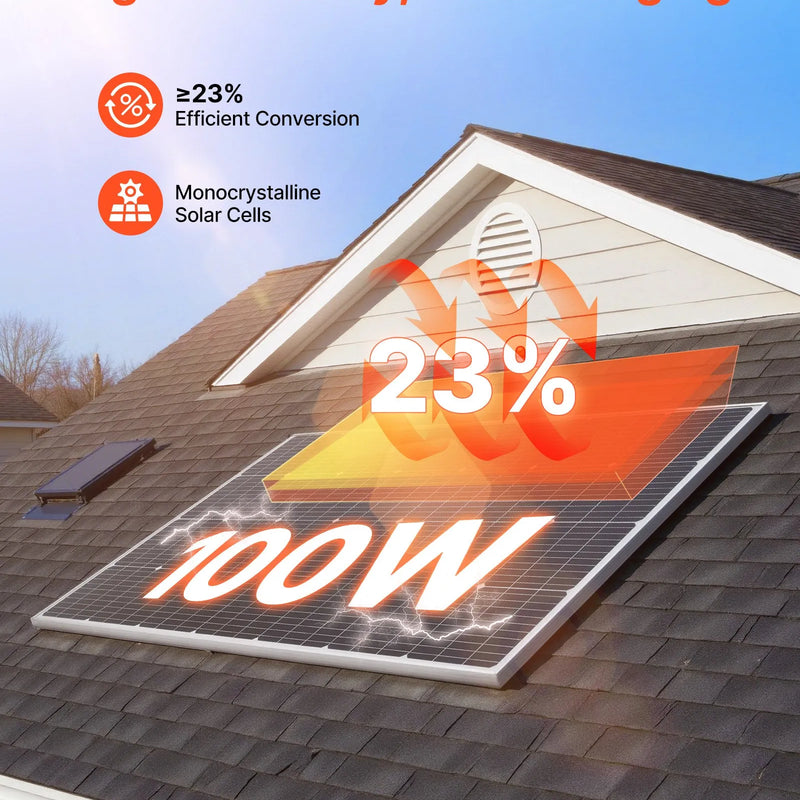 VEVOR 2 gab. 100 W monokristāliskie saules paneļi, 23 % augstas efektivitātes PV moduļi ar stabilu MC4 pieslēgumu, alumīnija rāmi un IP65 aizsardzību, piemēroti auto, laivām, kemperiem un autonomām jumta sistēmām