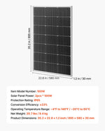 VEVOR 2 gab. 100 W monokristāliskie saules paneļi, 23 % augstas efektivitātes PV moduļi ar stabilu MC4 pieslēgumu, alumīnija rāmi un IP65 aizsardzību, piemēroti auto, laivām, kemperiem un autonomām jumta sistēmām