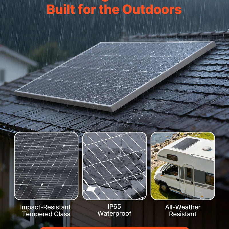 VEVOR monokristāliskie saules paneļi 4 × 100 W, 23 % augstas efektivitātes PV moduļi ar MC4 savienojumu un alumīnija rāmi, IP65 ūdensizturīgi saules paneļi automašīnām, laivām, kemperiem, plakaniem jumtiem un autonomām sistēmām