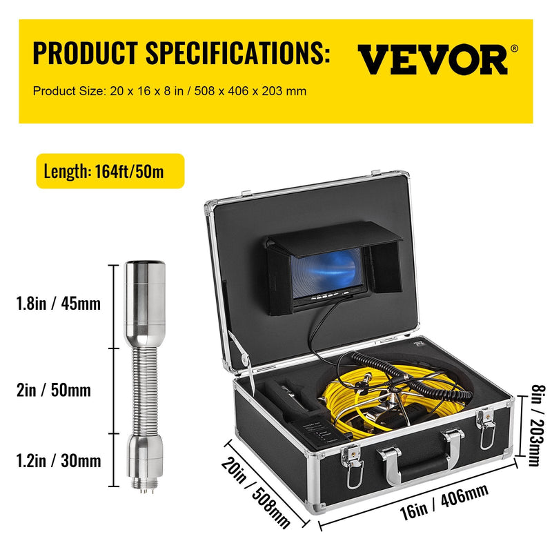 VEVOR 50 m kanalizācijas inspekcijas kamera, 17,8 cm LCD monitors ar DVR, ūdensizturīga cauruļvadu un drenāžas inspekcijas sistēma, kameras komplekts ar 8 GB SD karti