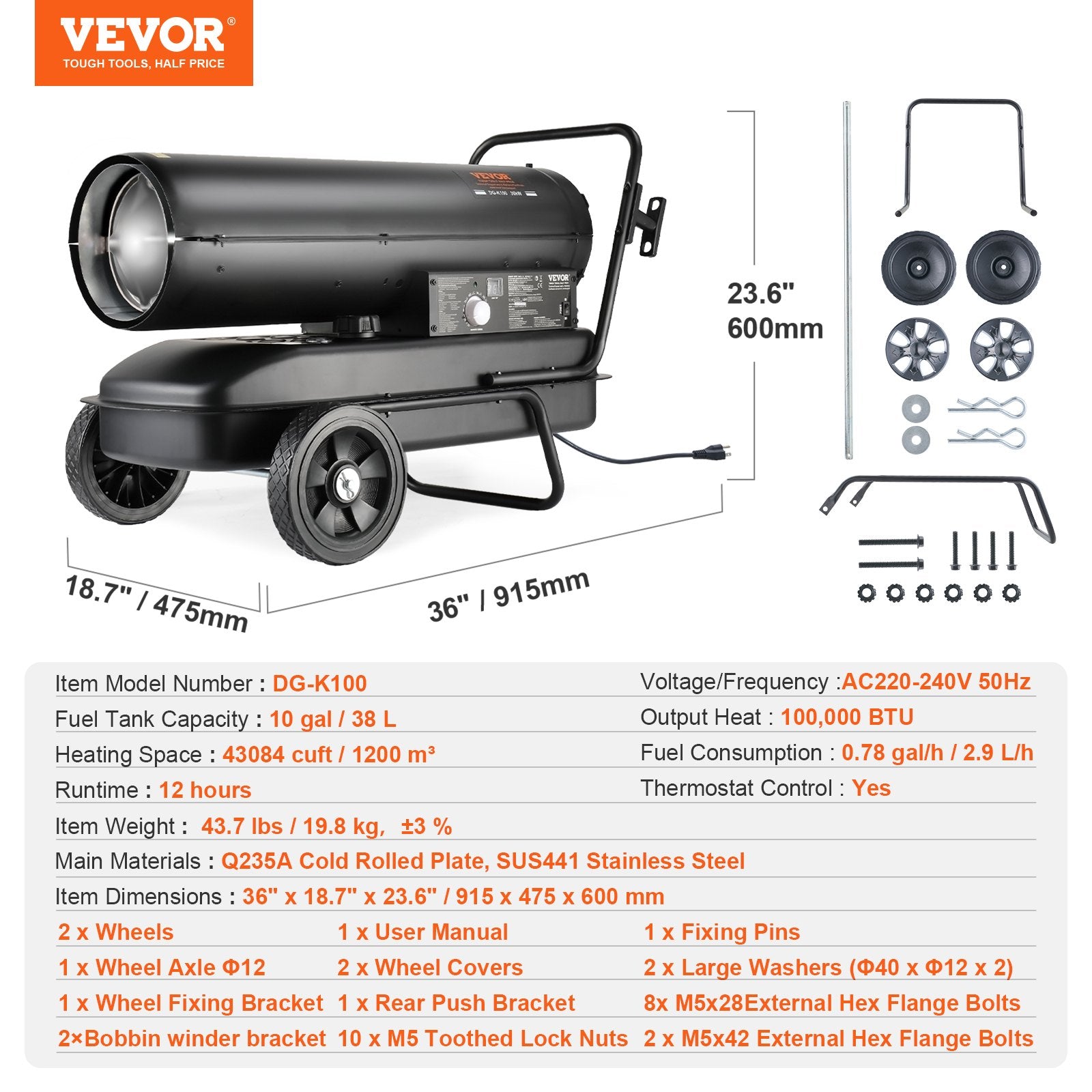 VEVOR 100,000 BTU Kerosene/Diesel Compressed Air Torpedo Heater with Thermostat