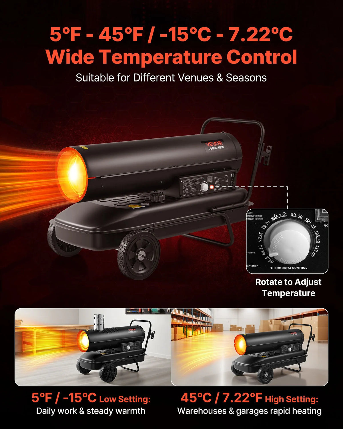 220V 50 kW torpedo heater on wheels – diesel/kerosene, adjustable temperature