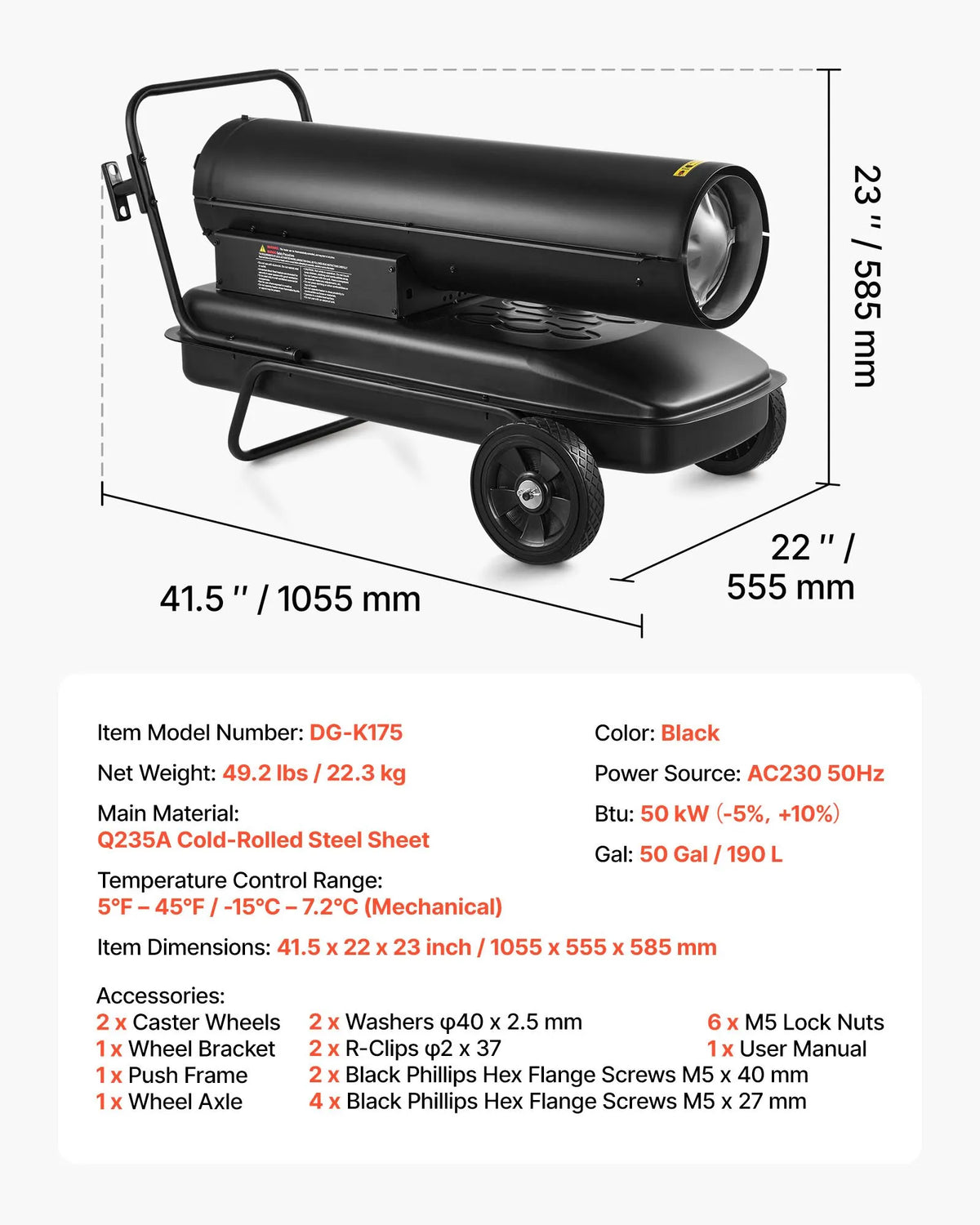 220V 50 kW torpedo heater on wheels – diesel/kerosene, adjustable temperature