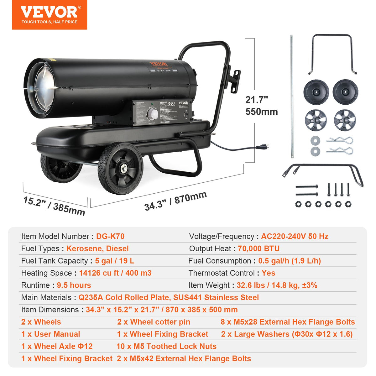 VEVOR 20,5 kW petrolejas/dīzeļdegvielas sildītājs ar termostatu