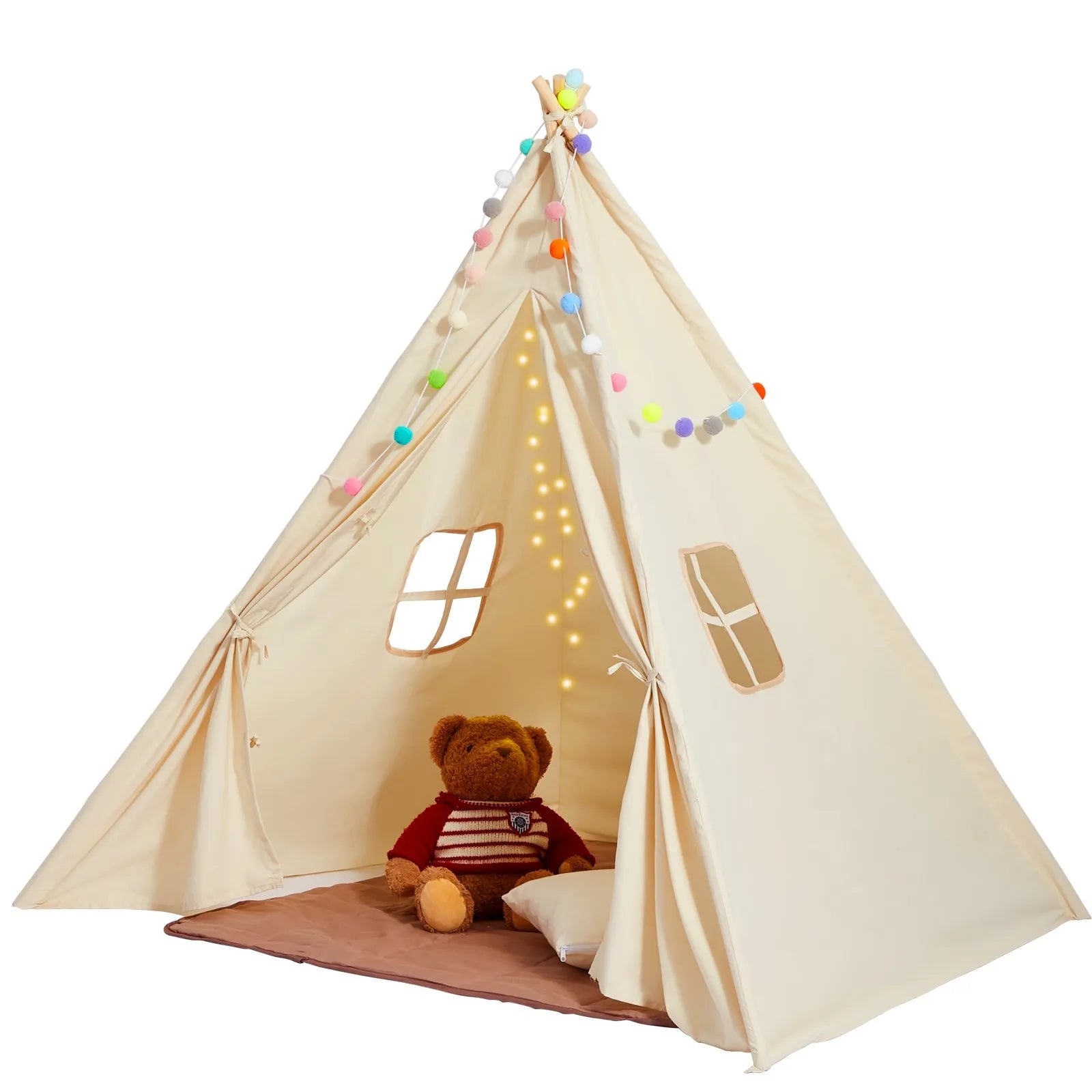 VEVOR bērnu rotaļu telts Teepee, telts bērniem 1–5 gadu vecumā ar paklājiņu un dekoratīvām plīša bumbiņām, bērnu telts ar logiem lietošanai telpās un ārā, piemērota zēniem un meitenēm, bēša