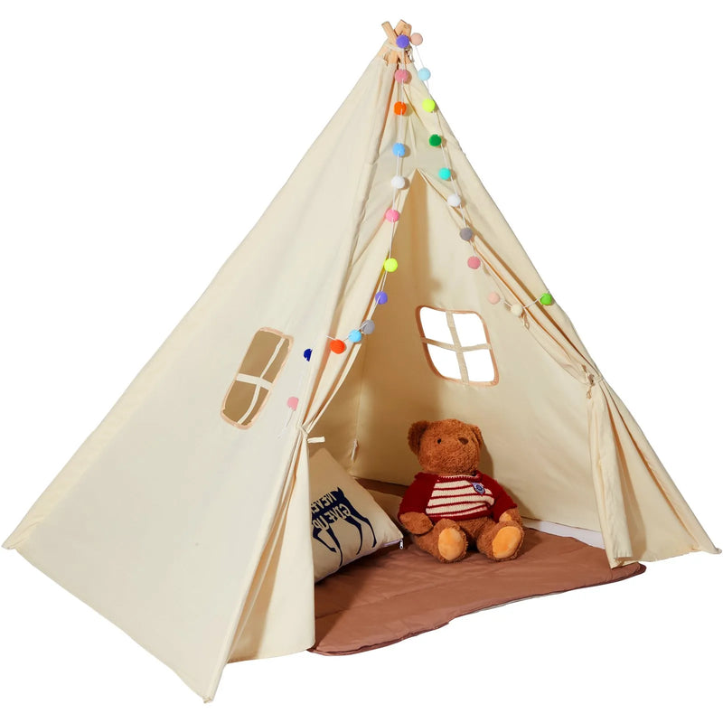 VEVOR bērnu rotaļu telts Teepee, telts bērniem 1–5 gadu vecumā ar paklājiņu un dekoratīvām plīša bumbiņām, bērnu telts ar logiem lietošanai telpās un ārā, piemērota zēniem un meitenēm, bēša