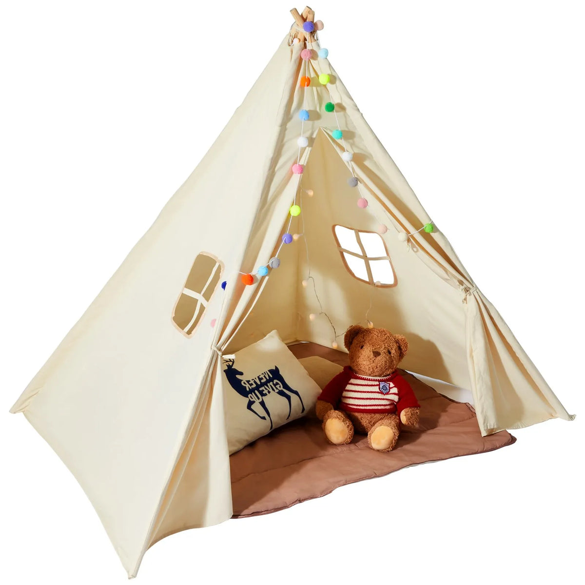 VEVOR bērnu rotaļu telts Teepee, telts bērniem 1–5 gadu vecumā ar paklājiņu un dekoratīvām plīša bumbiņām, bērnu telts ar logiem lietošanai telpās un ārā, piemērota zēniem un meitenēm, bēša