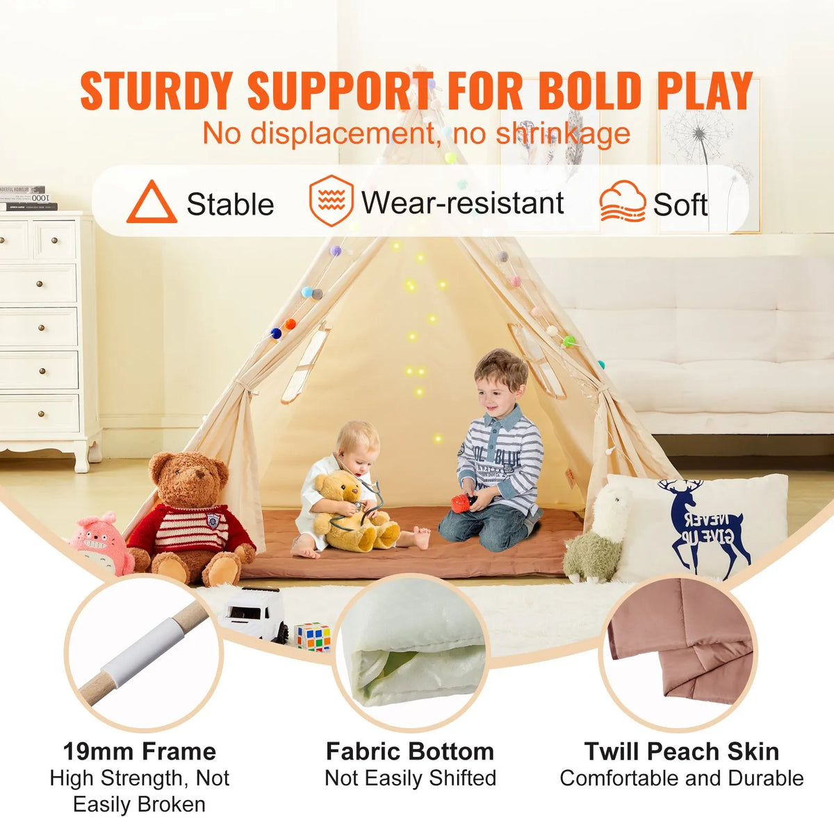 VEVOR bērnu rotaļu telts Teepee, telts bērniem 1–5 gadu vecumā ar paklājiņu un dekoratīvām plīša bumbiņām, bērnu telts ar logiem lietošanai telpās un ārā, piemērota zēniem un meitenēm, bēša