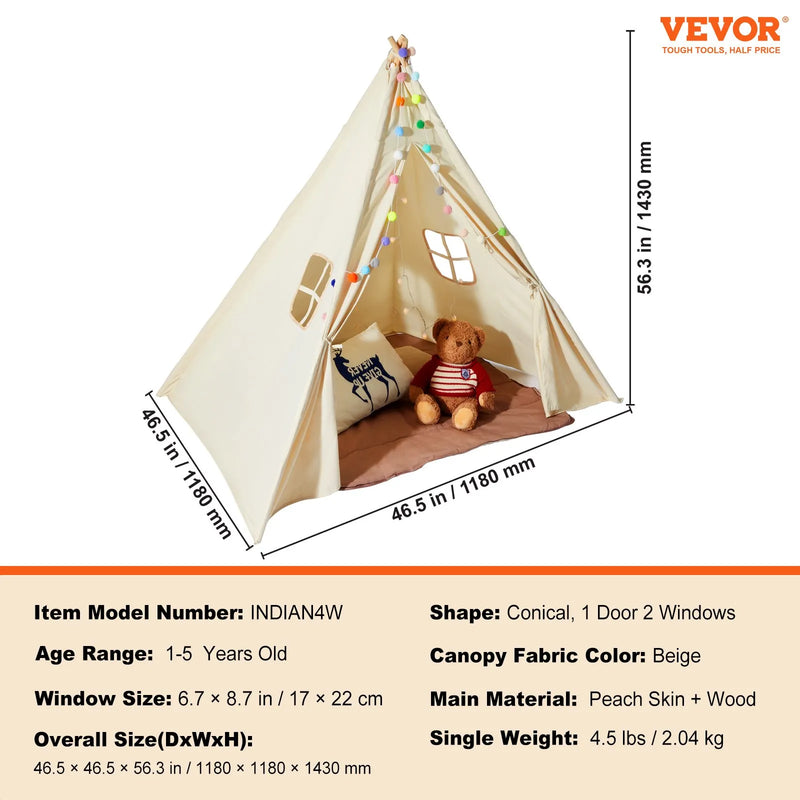 VEVOR bērnu rotaļu telts Teepee, telts bērniem 1–5 gadu vecumā ar paklājiņu un dekoratīvām plīša bumbiņām, bērnu telts ar logiem lietošanai telpās un ārā, piemērota zēniem un meitenēm, bēša