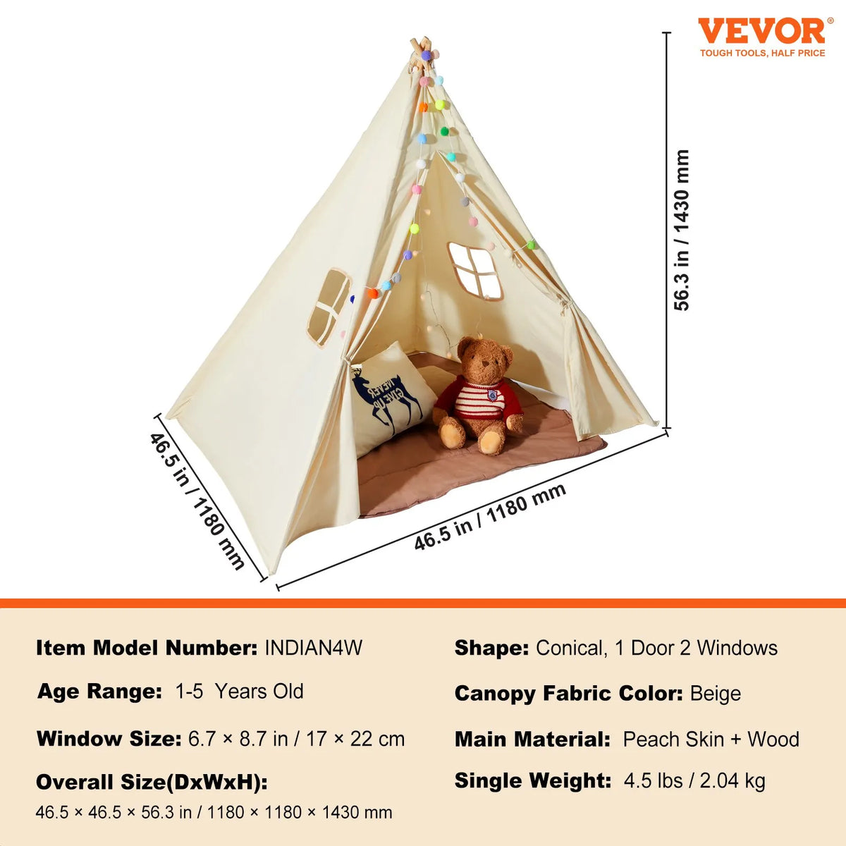 VEVOR bērnu rotaļu telts Teepee, telts bērniem 1–5 gadu vecumā ar paklājiņu un dekoratīvām plīša bumbiņām, bērnu telts ar logiem lietošanai telpās un ārā, piemērota zēniem un meitenēm, bēša