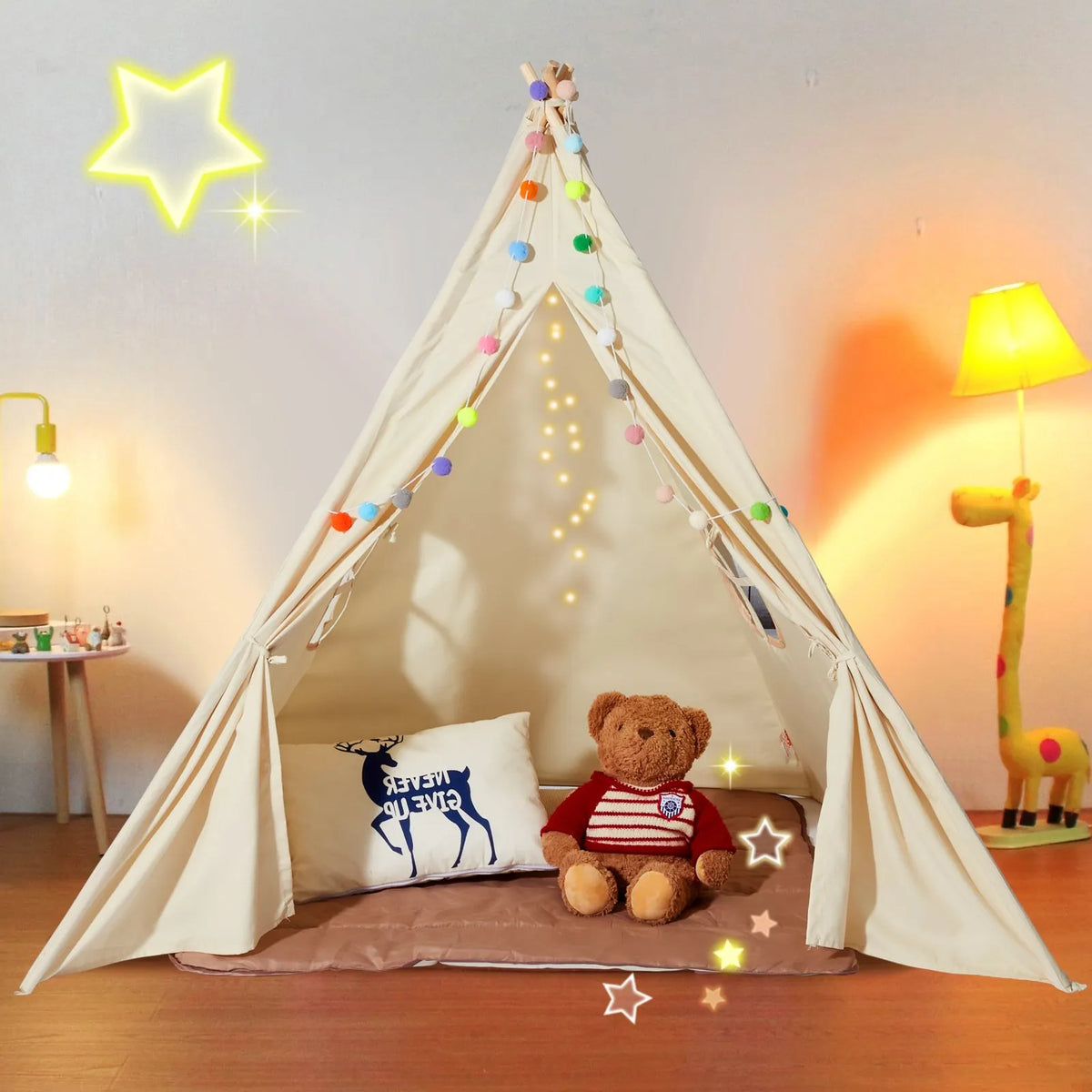 VEVOR bērnu rotaļu telts Teepee, telts bērniem 1–5 gadu vecumā ar paklājiņu un dekoratīvām plīša bumbiņām, bērnu telts ar logiem lietošanai telpās un ārā, piemērota zēniem un meitenēm, bēša