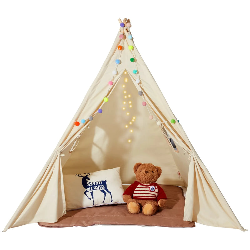 VEVOR bērnu rotaļu telts Teepee, telts bērniem 1–5 gadu vecumā ar paklājiņu un dekoratīvām plīša bumbiņām, bērnu telts ar logiem lietošanai telpās un ārā, piemērota zēniem un meitenēm, bēša