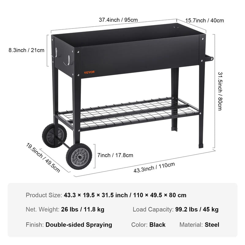 VEVOR Paaugstinātā dārza dobe, 108 × 50 × 80 cm cinkota metāla stādīšanas kaste ar kājām, piemērota ziedu, dārzeņu un garšaugu audzēšanai pagalmā, dārzā, terasē vai balkonā, melna