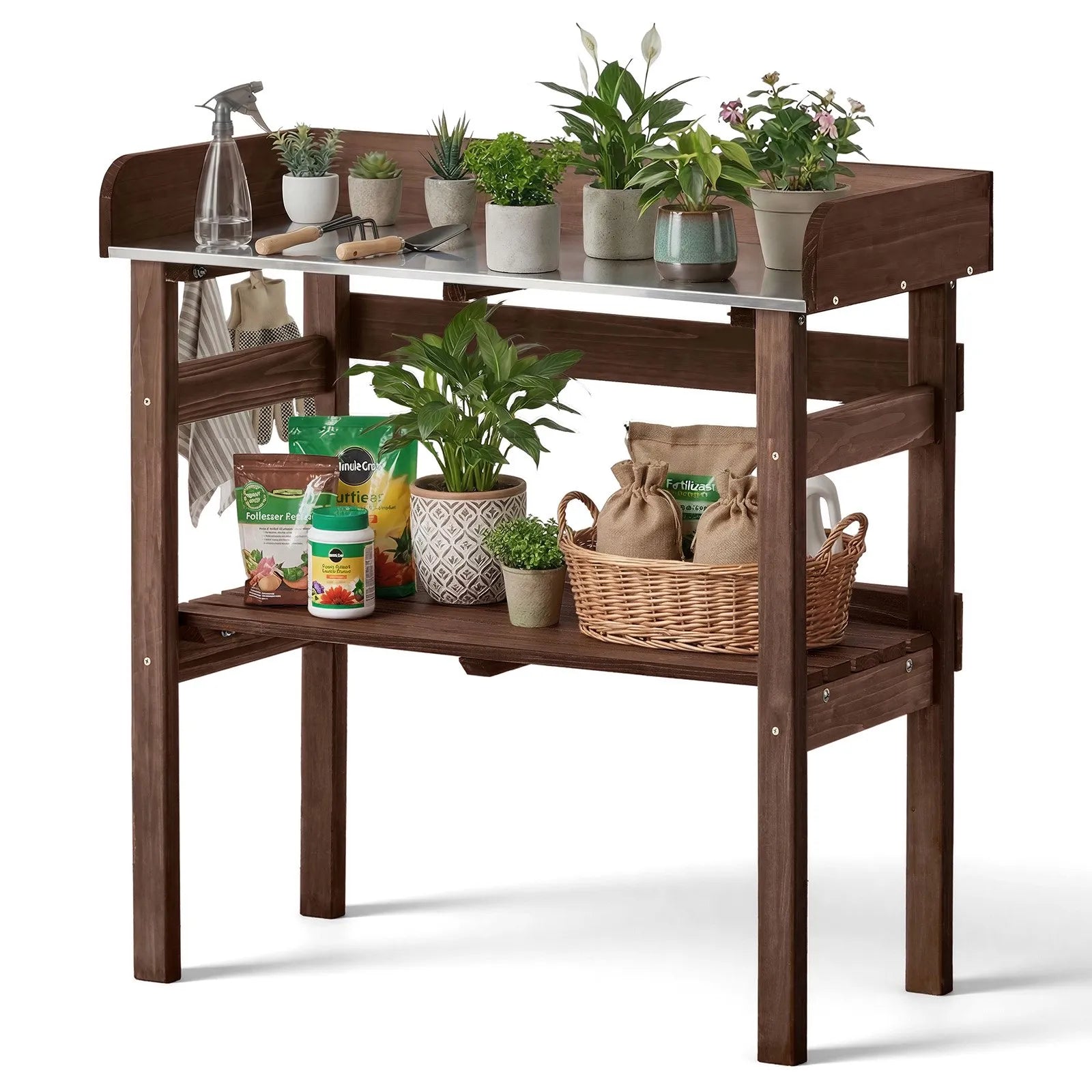 VEVOR dārza darba galds stādu pārstādīšanai ar 78 × 38 cm koka virsmu, uzglabāšanas plauktiem un āķiem, āra dārzkopības darba stacija terasei, pagalmam un balkonam, brūns