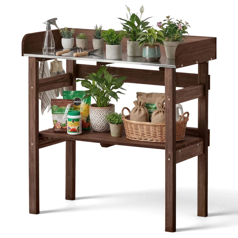 VEVOR dārza darba galds stādu pārstādīšanai ar 78 × 38 cm koka virsmu, uzglabāšanas plauktiem un āķiem, āra dārzkopības darba stacija terasei, pagalmam un balkonam, brūns