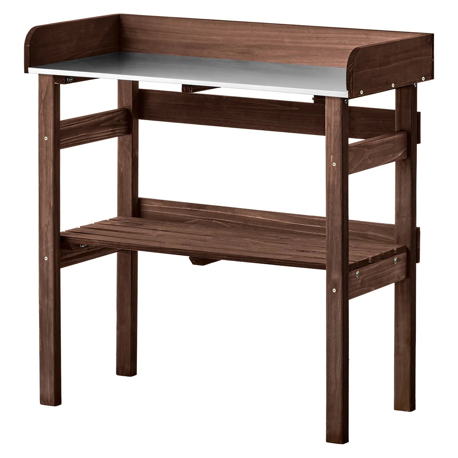 VEVOR dārza darba galds stādu pārstādīšanai ar 78 × 38 cm koka virsmu, uzglabāšanas plauktiem un āķiem, āra dārzkopības darba stacija terasei, pagalmam un balkonam, brūns
