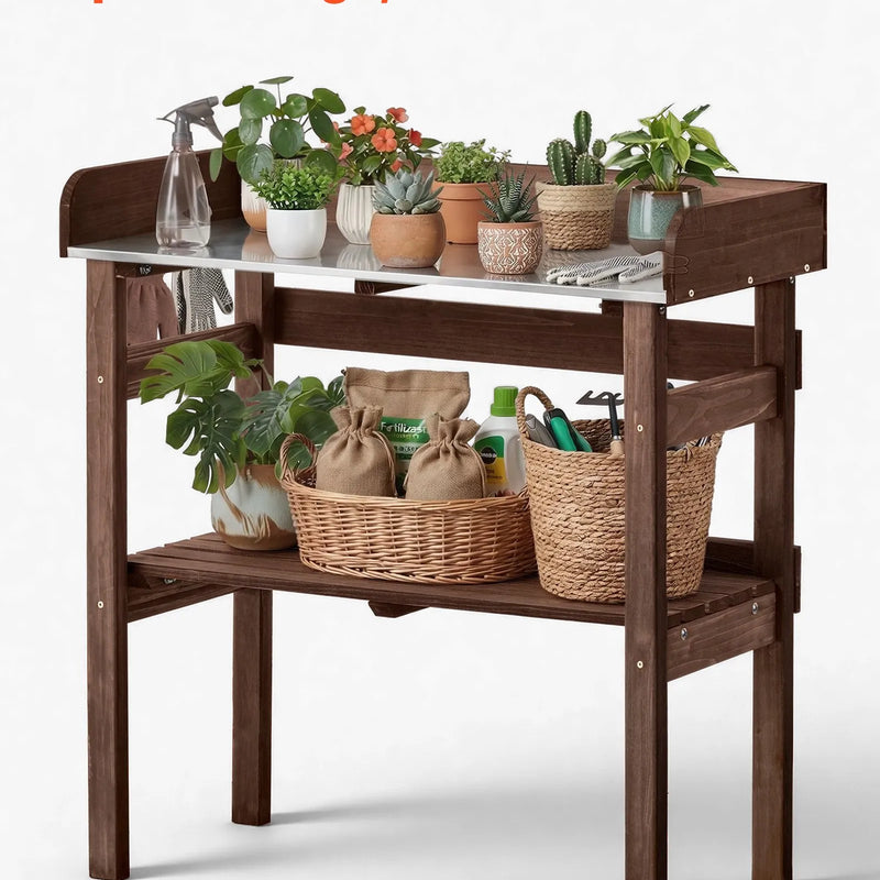 VEVOR dārza darba galds stādu pārstādīšanai ar 78 × 38 cm koka virsmu, uzglabāšanas plauktiem un āķiem, āra dārzkopības darba stacija terasei, pagalmam un balkonam, brūns