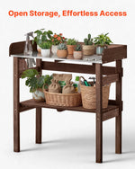 VEVOR dārza darba galds stādu pārstādīšanai ar 78 × 38 cm koka virsmu, uzglabāšanas plauktiem un āķiem, āra dārzkopības darba stacija terasei, pagalmam un balkonam, brūns