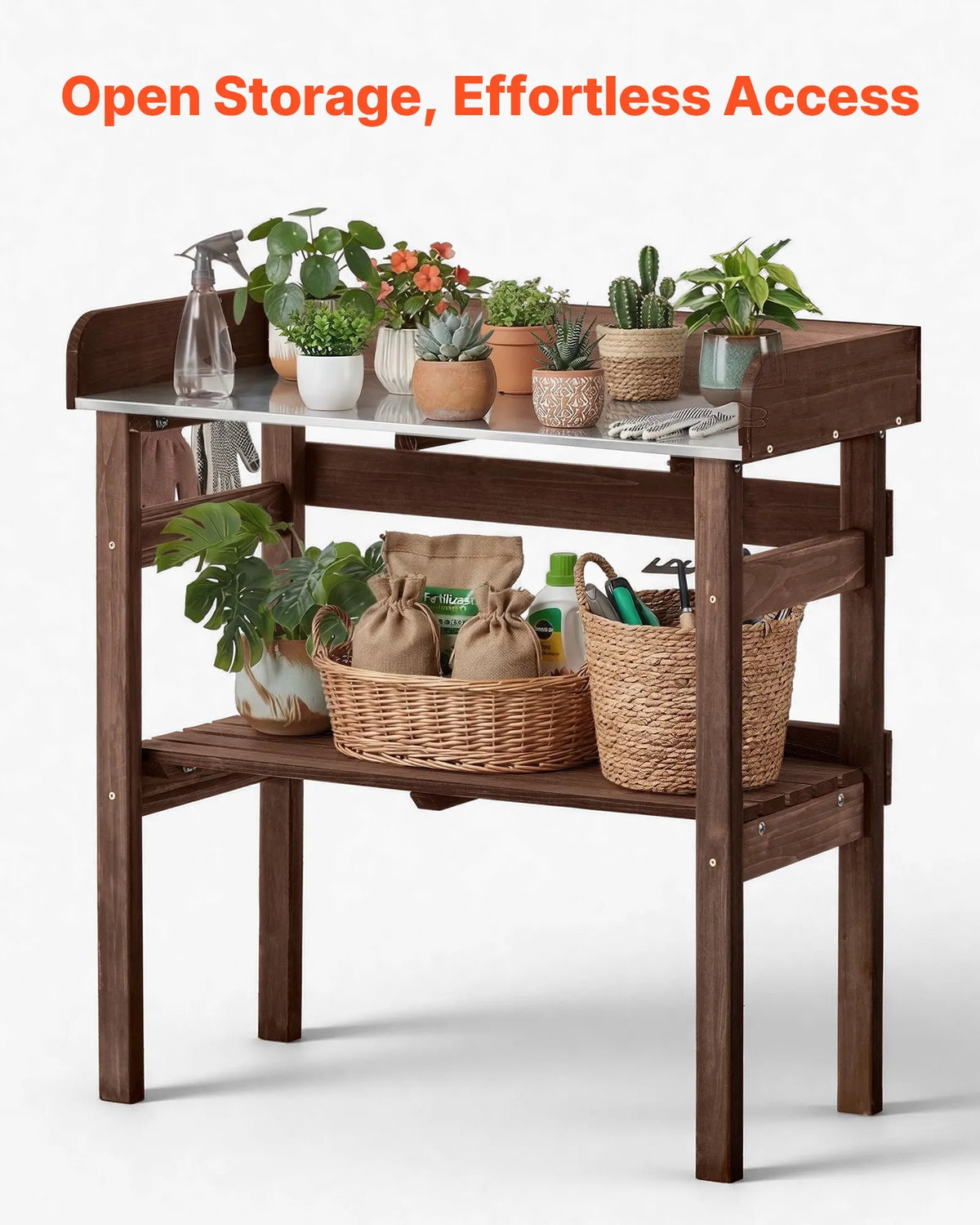 VEVOR dārza darba galds stādu pārstādīšanai ar 78 × 38 cm koka virsmu, uzglabāšanas plauktiem un āķiem, āra dārzkopības darba stacija terasei, pagalmam un balkonam, brūns
