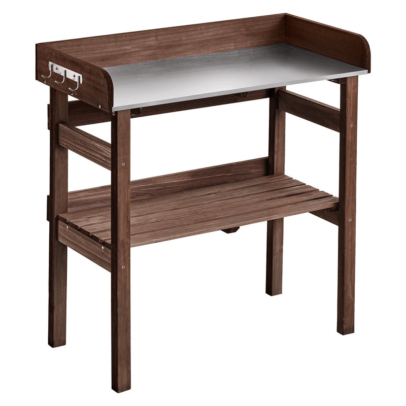 VEVOR dārza darba galds stādu pārstādīšanai ar 78 × 38 cm koka virsmu, uzglabāšanas plauktiem un āķiem, āra dārzkopības darba stacija terasei, pagalmam un balkonam, brūns