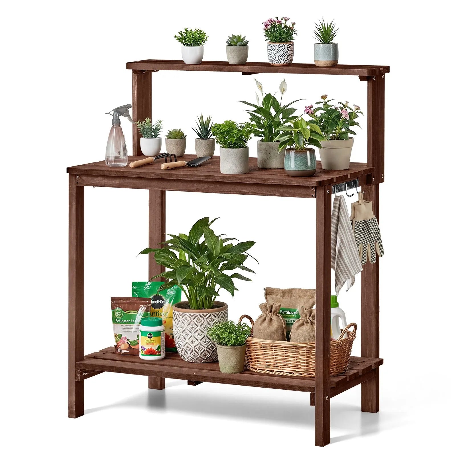 VEVOR dārza darba galds stādu pārstādīšanai ar 91 × 49,5 cm koka virsmu, uzglabāšanas plauktiem un āķi, āra dārzkopības darba stacija terasei un pagalmam, brūns