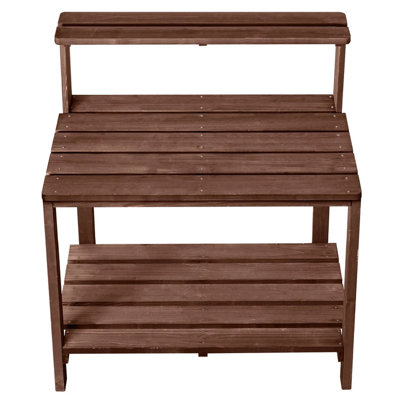 VEVOR dārza darba galds stādu pārstādīšanai ar 91 × 49,5 cm koka virsmu, uzglabāšanas plauktiem un āķi, āra dārzkopības darba stacija terasei un pagalmam, brūns
